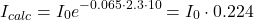 \[ I_{calc}=I_{0}e^{-0.065\cdot 2.3\cdot10}=I_{0}\cdot0.224 \]